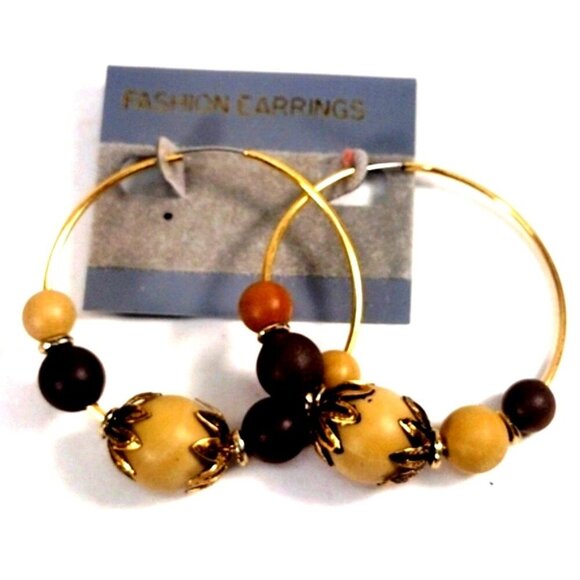 Boho Beaded Hoop Earrings – Natural Wood Look Beads, Gold-Tone Wire – Jewelry #2 - Picture 1 of 7